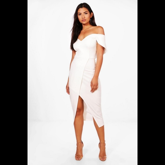 🆕️ LISTING!! BOOHOO OFF SHOULDER WRAP MIDI DRESS - Picture 2 of 16